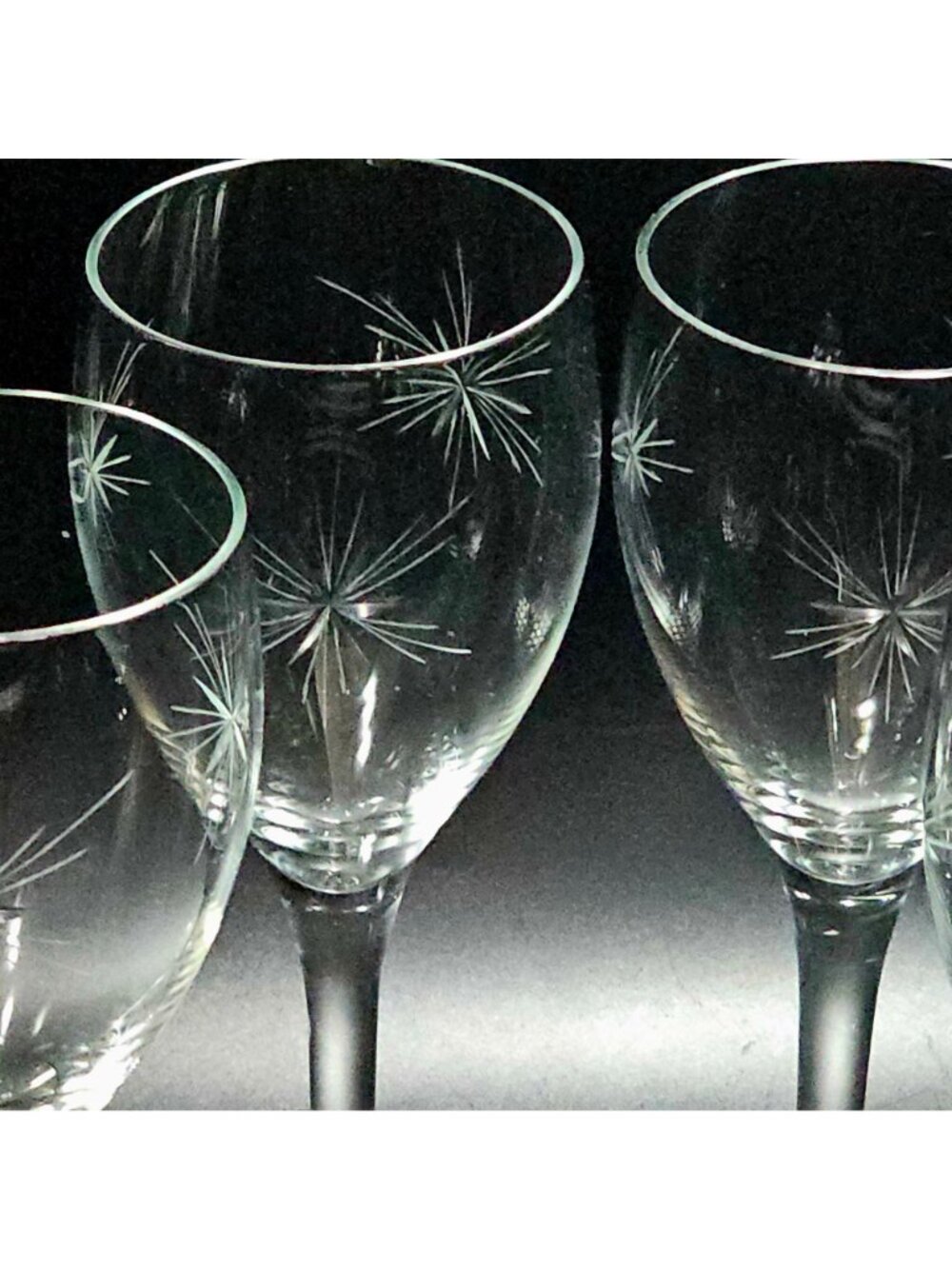 4 Vintage Starburst Wine Glasses 7" etched water goblets cut glass six point sta - Picture 2 of 6